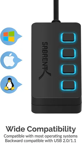 Vista 5 de SABRENT Hub de datos USB 2.0 de 4 puertos con interruptores de alimentación individuales con LED iluminados [no se admite la carga] para Mac y PC