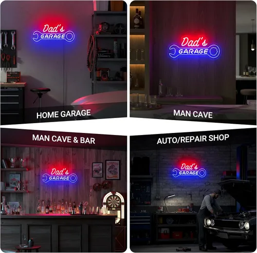 Vista 9 de Letrero de neón de garaje para papá, letrero LED personalizado con forma de llave, decoración de pared retro de mecánico de automóviles, letrero