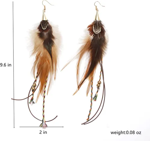 Vista 6 de Aretes largos bohemios de plumas para mujer, hechos a mano, joyería de borla colgante natural
