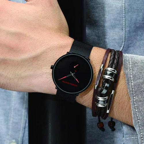 Vista 2 de HANNAH MARTIN Reloj de pulsera ultrafino negro para hombre, vestido impermeable de moda, correa de acero inoxidable