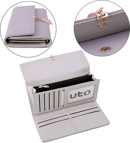 Vista 91 de UTO - Cartera pequeña RFID de piel sintética con dije de hoja, cierre de cremallera y tarjetero.