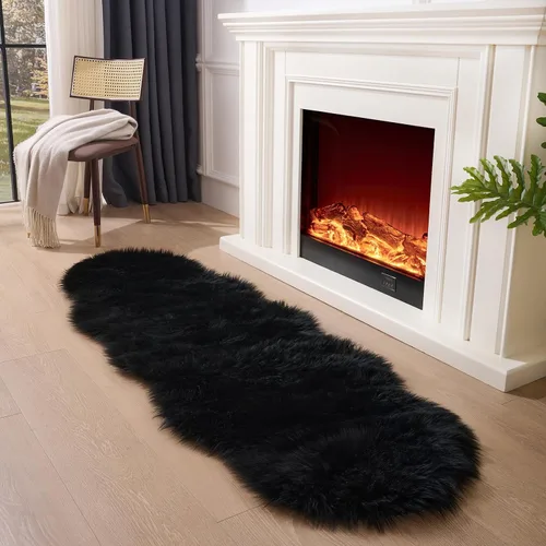 Vista 28 de Alfombra de piel sintética de 2 x 6 pies, color beige, lavable a máquina, súper suave, esponjosa, alfombra de piel de oveja mullida para dormitorio