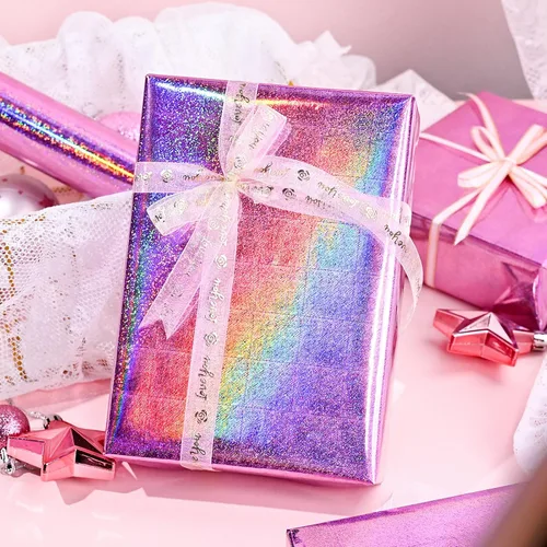 Vista 2 de Homeral Rollo de papel de regalo rosa holográfico con galaxia rosa brillante para cumpleaños, baby shower, despedida de soltera, boda, día