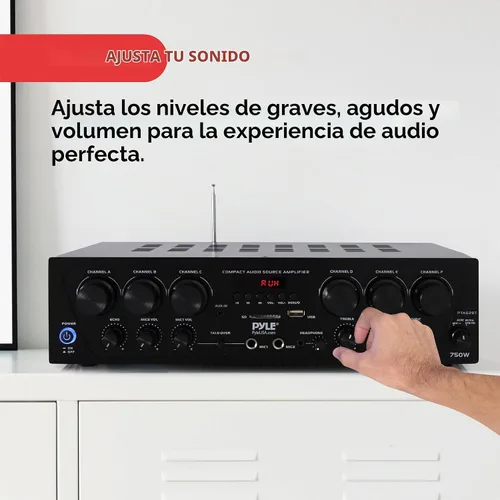 Vista 5 de Pyle - Amplificador de karaoke inalámbrico Bluetooth – 6 canales de 750 W de potencia, receptor estéreo, amplificador de audio para el hogar