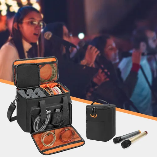 Vista 8 de PGmoon Funda de micrófono inalámbrico con 9 ranuras, bolsa de viaje para sistema de micrófono de mano, funda de transporte para cantar, karaoke