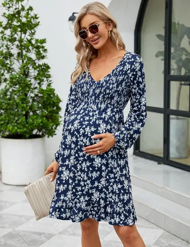 Vista 4 de Coolmee Vestido de maternidad de manga corta con volantes y cuello en V para mujer, vestido de verano casual fruncido fluido para baby shower