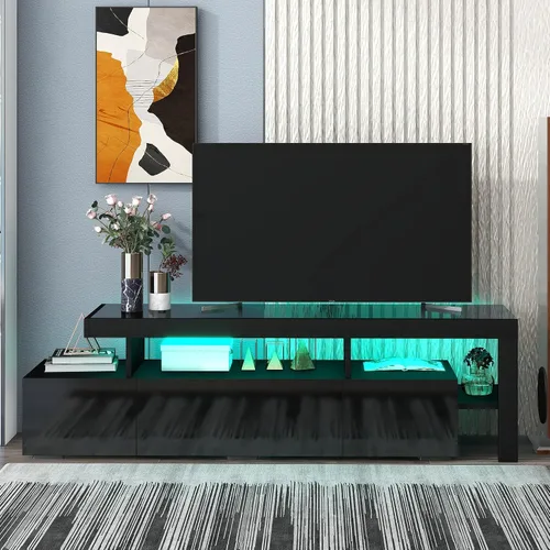 Vista 22 de Soporte de TV versátil de alto brillo con luces LED que cambian de color y 2 estantes de vidrio templado, centro de entretenimiento para televisores