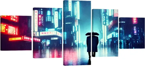 Vista 59 de Lienzo decorativo para pared, diseño de ciudad futurista Cyberpunk para sala de estar, impresión multipanel, obra de arte de cocina, pintura