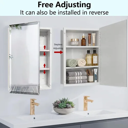 Vista 6 de Botiquín de baño de 16 x 26 pulgadas con espejo, espejo biselado rectangular sin marco, instalación de empotrar o montaje en superficie