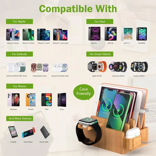 Vista 3 de Pezin & Hulin Estación de carga de bambú para múltiples dispositivos con cargador USB de 5 puertos, 5 cables, soporte para reloj y auriculares