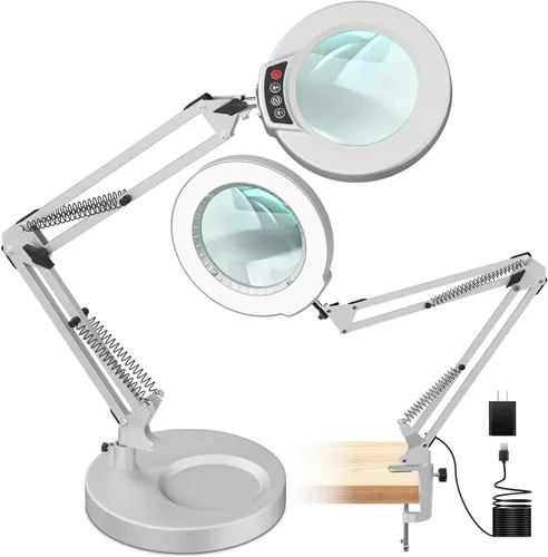 Vista 11 de Lámpara de lupa de 10 aumentos con luz y soporte, lámpara de escritorio y abrazadera 2 en 1, Seylae con 5 modos de color, lupa iluminada LED