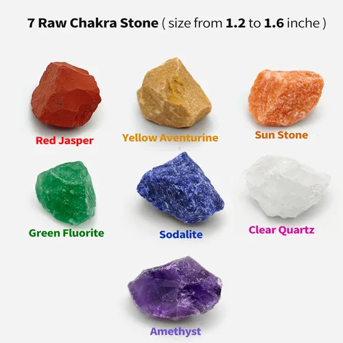 Vista 3 de Caja de regalo de 7 piedras de chakra y cristales curativos, 7 piedras crudas de primera calidad, amatista, cristal transparente, con bolsa