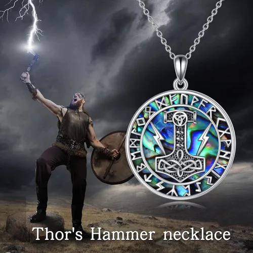 Vista 3 de YFN Collar vikingo nórdico de plata de ley 925 Thor Hammer Mjolnir joyería regalo para hombres y mujeres, Plata esterlina, circonita