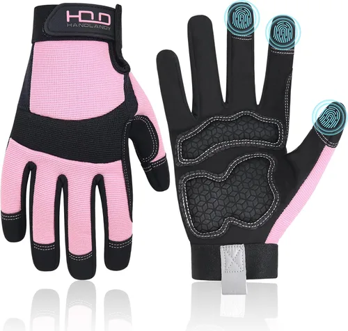Vista 12 de HANDLANDY Guantes de trabajo para mujer, guantes de jardinería de cuero transpirable para mantenimiento de patio, protección de manos con pantalla