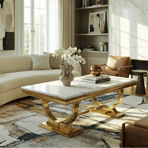Vista 3 de Asday Mesa de centro dorada y blanca, mesa de centro rectangular de mármol dorado, mesa central elegante de lujo para sala de estar, pasillo