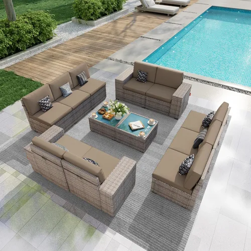 Vista 12 de Juego de muebles de patio de 6 piezas, sofá modular para exteriores con reposabrazos anchos, sofá de grupo de asientos de mimbre con mesa auxiliar