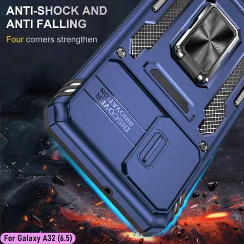 Vista 7 de Funda resistente para Samsung Galaxy A32 (5G), protector híbrido de goma de doble capa de grado militar con protector de cámara deslizante, soporte