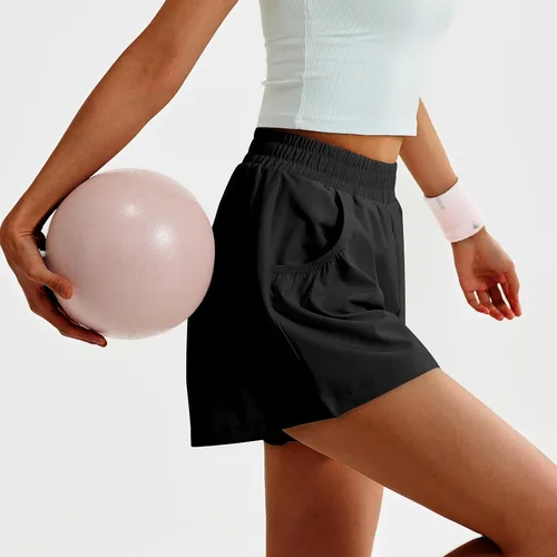 Vista 4 de TAISIM Pantalones cortos de entrenamiento de cintura alta para mujer con bolsillos y forro, pantalones cortos deportivos de secado rápido