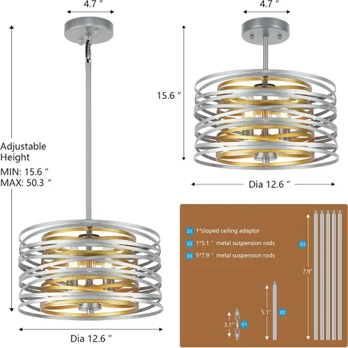 Vista 6 de ACNKTZ Lámpara Colgante de Tambor de 12.6'', Luminaria Colgante, Candelabro Retro Semi Empotrado, Candelabros Plateados para Comedor Dormitorio