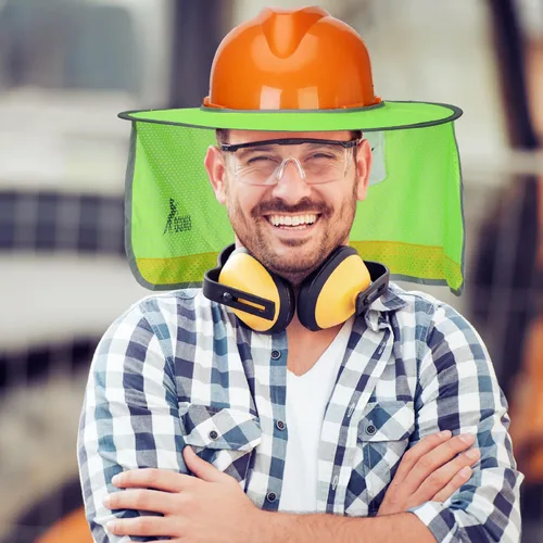Vista 6 de Casco Industrial UNCO con Protector Solar, Verde, Visera Completa y Estándar de Malla, Alta Visibilidad Reflectante, Accesorio para Casco Duro