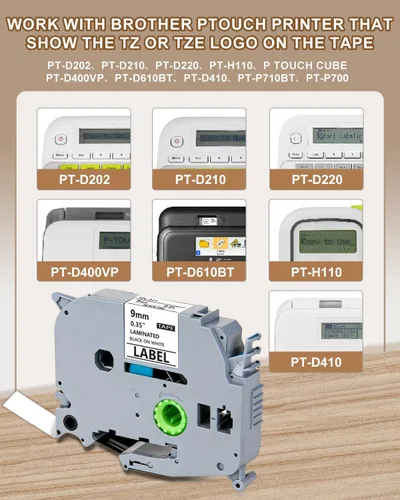 Vista 2 de Weemay Paquete de 4 cintas TZe-221 TZe221 compatibles con Brother TZ 0.354 in 0.35 cinta blanca laminada TZe TZ TZ221 TZ-221 3/8 etiqueta laminada