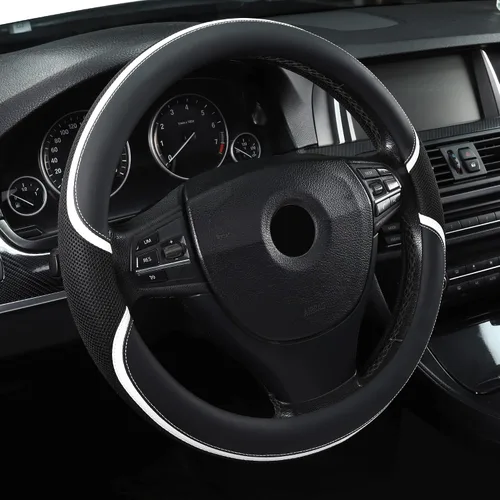 Vista 5 de Funda universal para volante de auto de 15" de piel de microfibra, ajuste universal para auto, elástica, antideslizante, transpirable y sin olor
