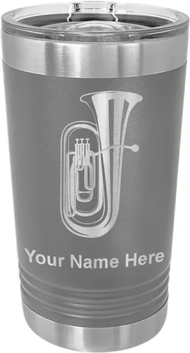 Vista 14 de LaserGram Vaso de pinta aislado al vacío de 16 onzas, tuba, grabado personalizado incluido (negro) Engraved Gift for Tuba Players, Vacuum