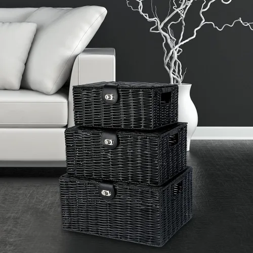 Vista 7 de Honygebia - Canastas de almacenamiento de mimbre negro - Juego de 3 cajas decorativas anidadas con tapas, canasta tejida con cerradura y asa