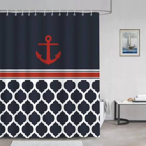 Vista 2 de Bonhause Cortina de ducha con ancla náutica, cortina de baño geométrica azul marino, 72 x 72 pulgadas, tela de poliéster, cortina de baño