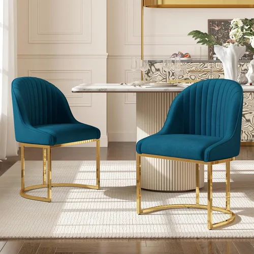 Vista 13 de Hyfirm Juego de 2 sillas de comedor tapizadas de terciopelo negro y dorado, sillas de cocina modernas con acento de barril glamoroso, patas de metal