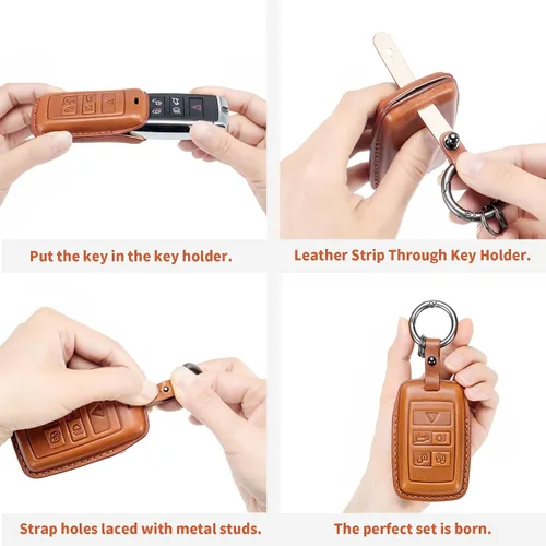 Vista 6 de Funda para llavero Jeep de piel auténtica con llavero, compatible con Grand Cherokee Renegade Wrangler Patriot Grand Commander Smart Key Anti-polvo