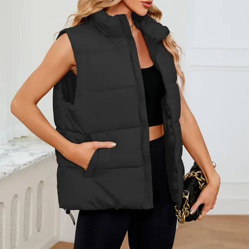 Vista 3 de Century Star Chaleco acolchado para mujer, ropa de abrigo, chaleco acolchado de gran tamaño 2024, chaquetas con bolsillos Negro