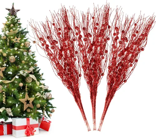 Vista 10 de Losris Decoración de tallos de bayas artificiales con purpurina para Navidad, palitos decorativos de cuentas, picks de Navidad, ramitas y ramas
