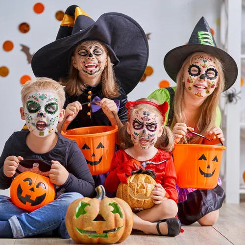 Vista 6 de Tatuajes faciales temporales de Halloween (paquete de 8 unidades), Konsait Día de los Muertos, calavera de azúcar, floral, negro, esqueleto, red