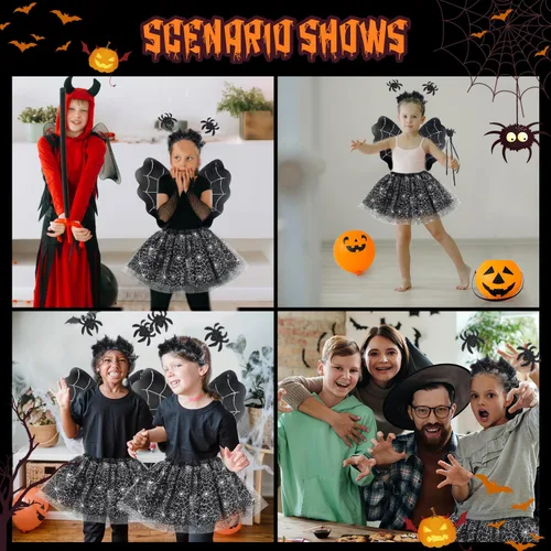 Vista 7 de Halloween Bat Costume Set for Kids, Tutu Skirt for Girls with Headband and Wand Bat Wings Halloween Party Dress up Kit