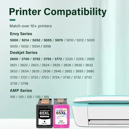 Vista 2 de 65XL 65 cartuchos de tinta negro/color, paquete combinado DeskJet 3755 Envy 5055 repuesto remanufacturado para impresora HP65 XL negro