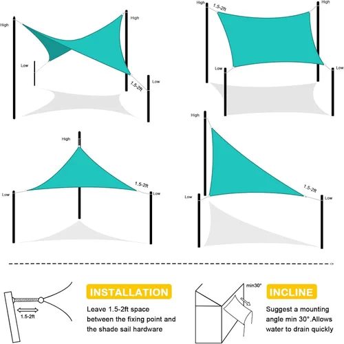 Vista 6 de Toldo impermeable, 08 x 10 pies, color turquesa, rectangular, resistente a los rayos UV, tela de sombra con bordes curvos para patio al aire libre