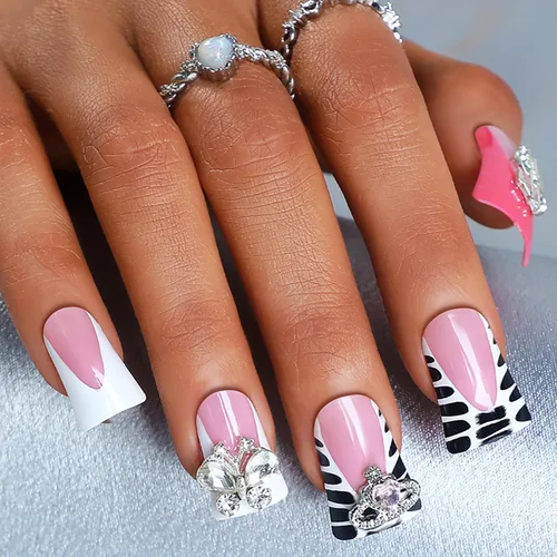 Vista 13 de 24 uñas de pato a presión con diamantes de imitación francesas, uñas postizas estilo pies de pato, uñas postizas de primavera y verano con diseños