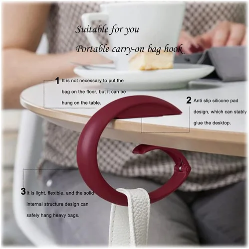 Vista 2 de Percha portátil para bolsos, gancho plegable portátil para mesa, soporte antideslizante sin perforaciones, colgador de mesa para oficina, lugares