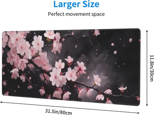 Vista 4 de Alfombrilla de mouse para juegos con diseño de flores y cerezas, base de goma antideslizante, alfombrilla de mouse extendida con bordes cosidos