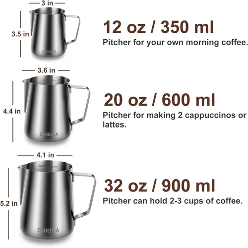 Vista 4 de Jarra de espuma de leche, taza espumadora de leche de acero inoxidable de 12 onzas, jarra de vapor para barra de café, capuchino, accesorios para A0