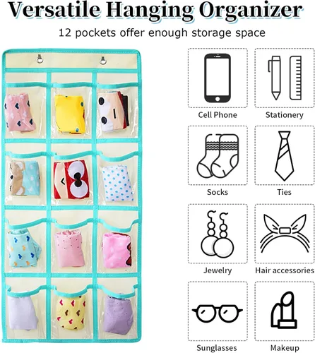 Vista 5 de Organizador para colgar sobre la puerta, para el aula, para colgar en la pared, puerta, armario, bolsa de almacenamiento de tela duradera, 12 Beige