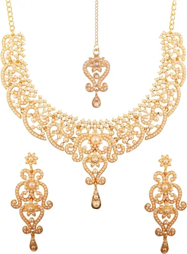 Vista 10 de Conjunto precioso de collar con look real Indian Bollywood, maravillosamente decorado, conjunto de collar adornado para mujer.