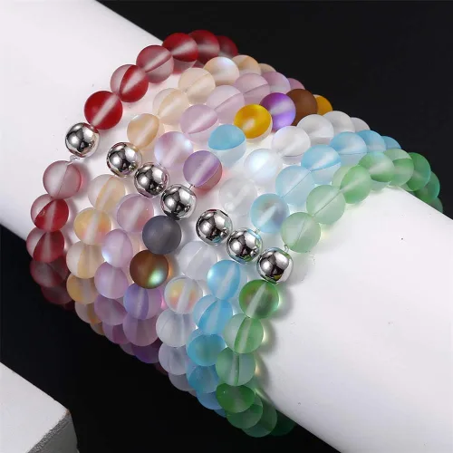 Vista 6 de Pulsera elástica con cuentas de sirena mística hecha a mano de cristal redondo de 0.315in multicolor mate cuentas pulsera elástica brillante