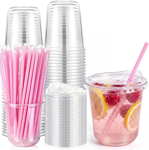 Vista 13 de Ziliny Paquete de 50 vasos de plástico transparente negro de 12 onzas con tapas y popotes, vasos desechables para mascotas, taza de café helado