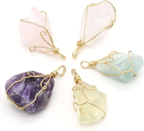 Vista 4 de LHJ 6 colgantes de cristal natural crudo irregular, piedra de energía curativa de Reiki, envueltos en cobre para hacer joyas, collares, meditación