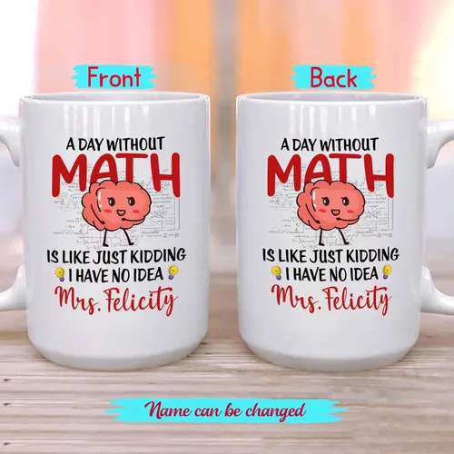 Vista 2 de Taza de cerámica blanca personalizada con nombre "A Day Without Math Is Like Just Kidding I Have No Idea", taza de café personalizada