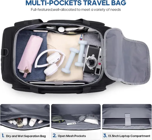 Vista 4 de Bolsa de gimnasio para hombres y mujeres con compartimento para zapatos y laptop, bolsa de viaje deportiva 3 en 1, mochila antirrobo para avión