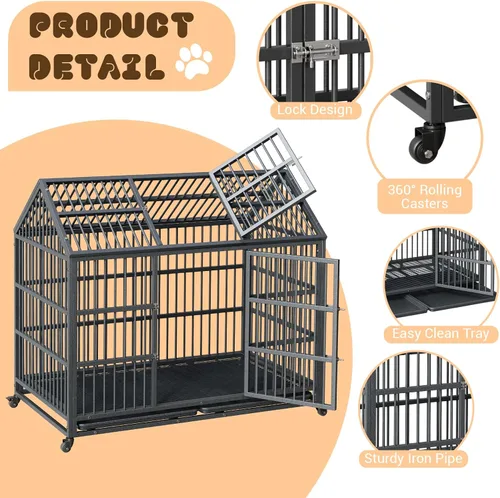 Vista 3 de Jaula resistente para perros de 52 pulgadas, doble puerta con ruedas bloqueables de 360° y bandeja extraíble, fácil de montar, jaula de metal