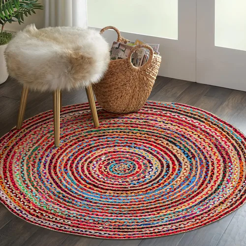 Vista 4 de Alfombra redonda de yute tejida a mano de 3 pies - Alfombras bohemias coloridas para sala de estar - Alfombra bohemia multicolor trenzada a mano